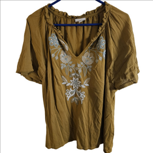 J. Jill Olive Blouse with Light Blue Embroidery